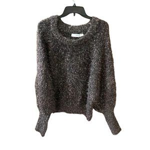 Zara Knit Womens Size Medium Pullover Black Gold Speckles Flecks Crew Neck Fuzzy